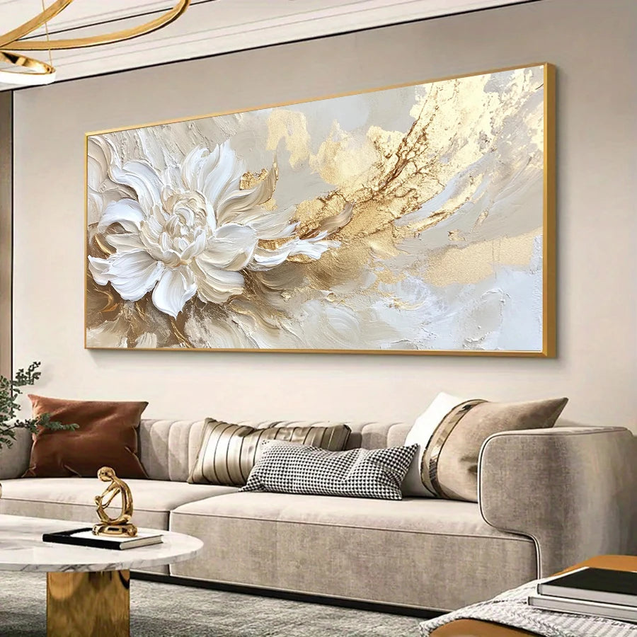 Abstract Floral Painting No Framed Modern Wall Art for Living Room or Bedroom Decor, Golden and White Textured Flower Design, R
