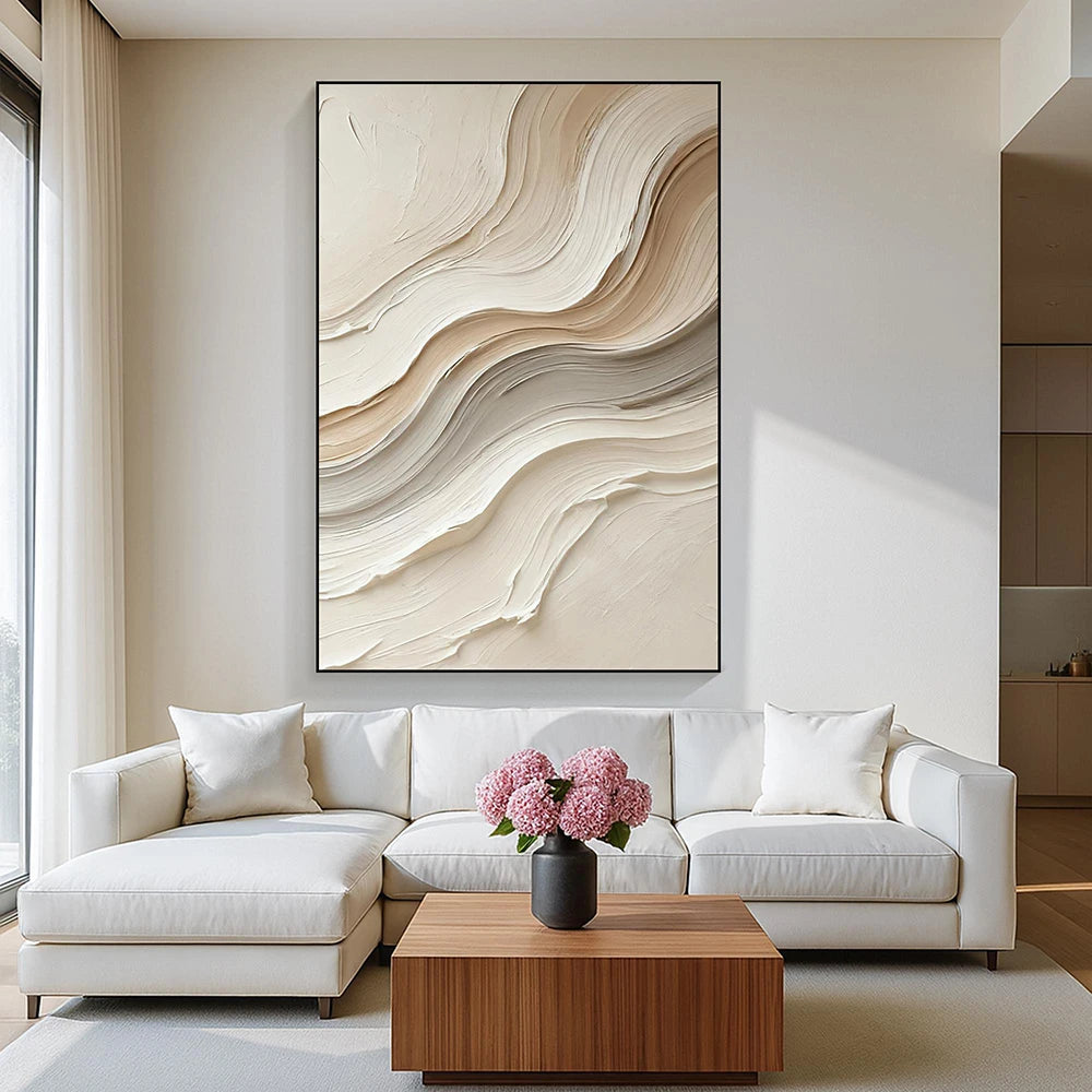 Neutral Abstract Painting on Canvas –  Beige Waves Wall Art , Minimalist Modern Decor for Living Room, No Framed