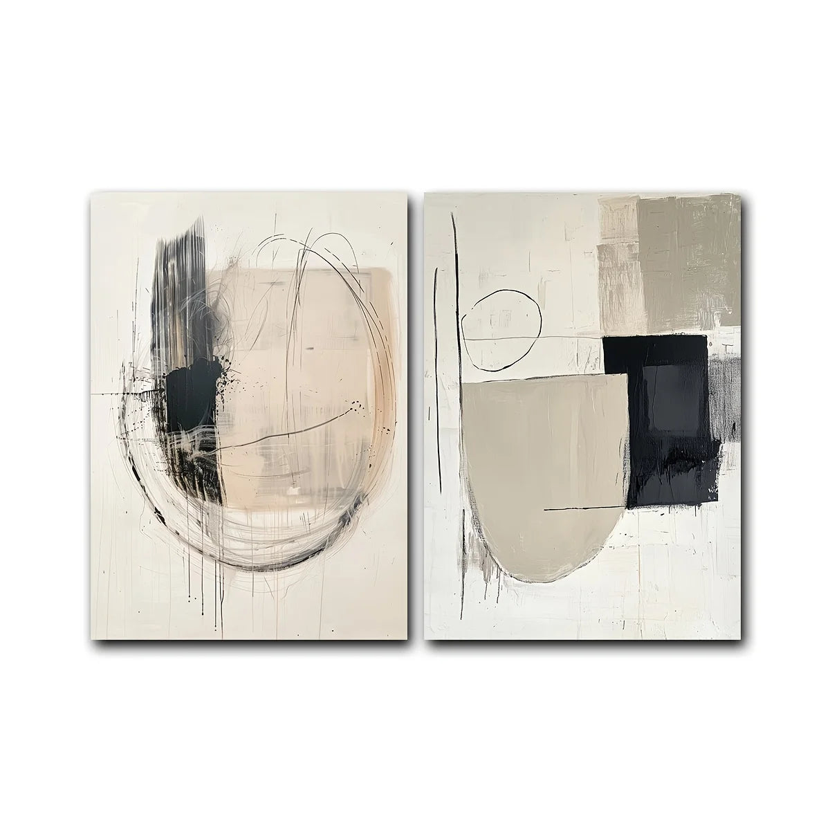 Set of 2 Minimalist Round Geometric Abstract Wall Art Poster Black and Beige Neutral Wall Posters Living Room Bedroom Decor Gift