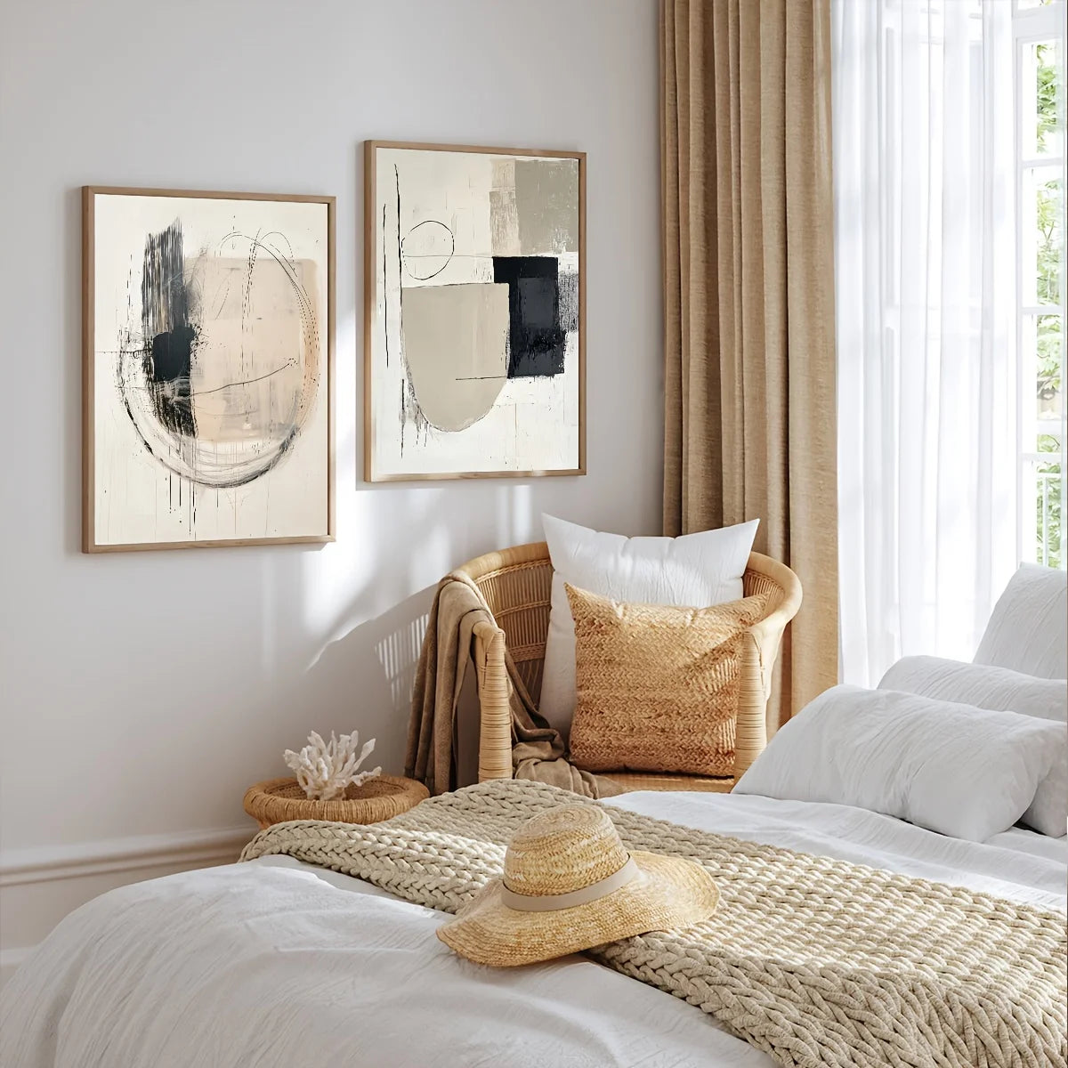 Set of 2 Minimalist Round Geometric Abstract Wall Art Poster Black and Beige Neutral Wall Posters Living Room Bedroom Decor Gift