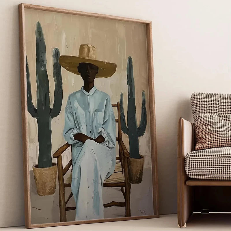 Minimalist Desert Wall Art Canvas Print, Southwestern Woman with Cactus Illustration Paintings Modern Boho Decor Poster Picture
