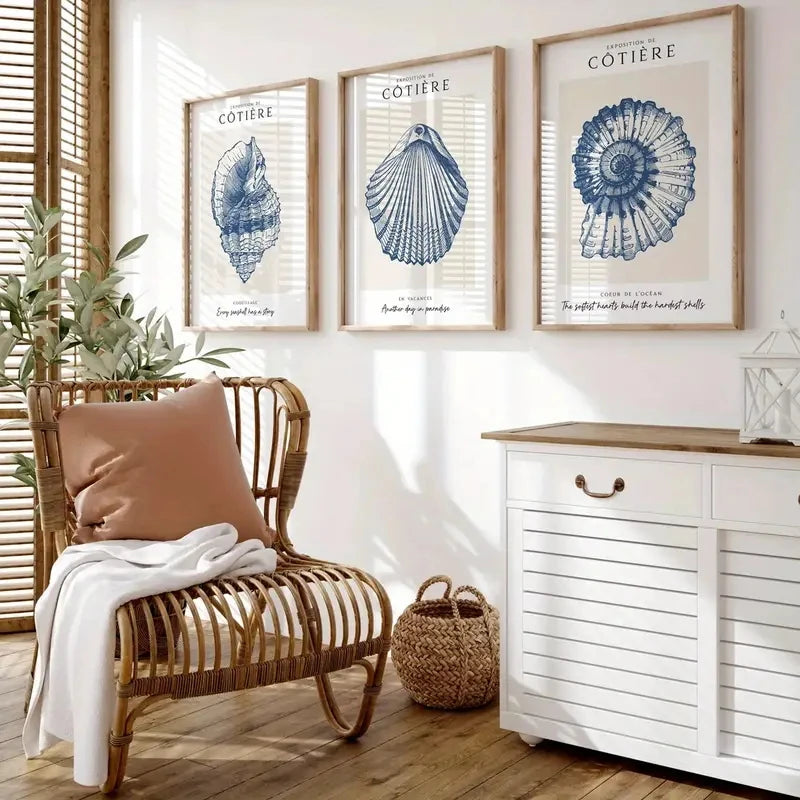 3pcs/Set Wall Art Retro Poster Blue Ocean-themed Art Printing, Cute Shell Canvas Living Room Decoration Bedroom Aesthetic Design