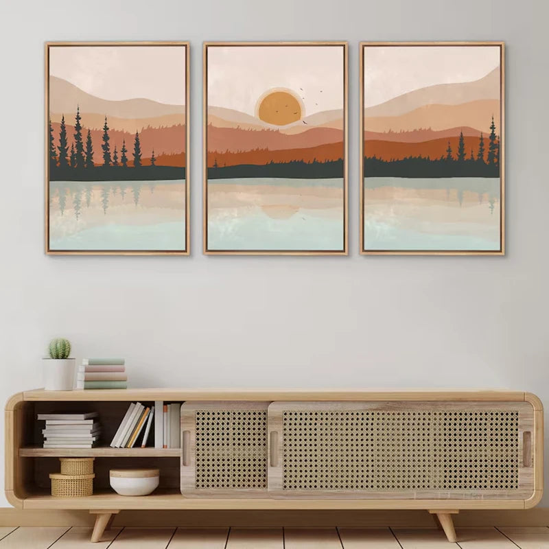 Wall Art Set of 3 Poster Sunset Forest Landscape Painting Abstract Illustrations Modern Art Minimalist Living Room Wall Decor