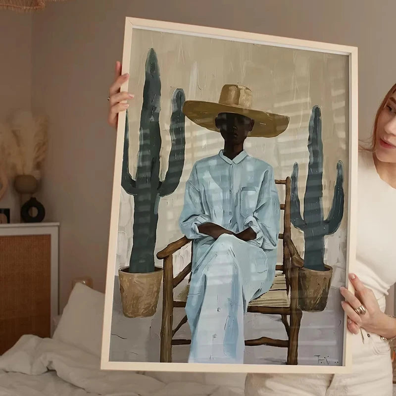 Minimalist Desert Wall Art Canvas Print, Southwestern Woman with Cactus Illustration Paintings Modern Boho Decor Poster Picture