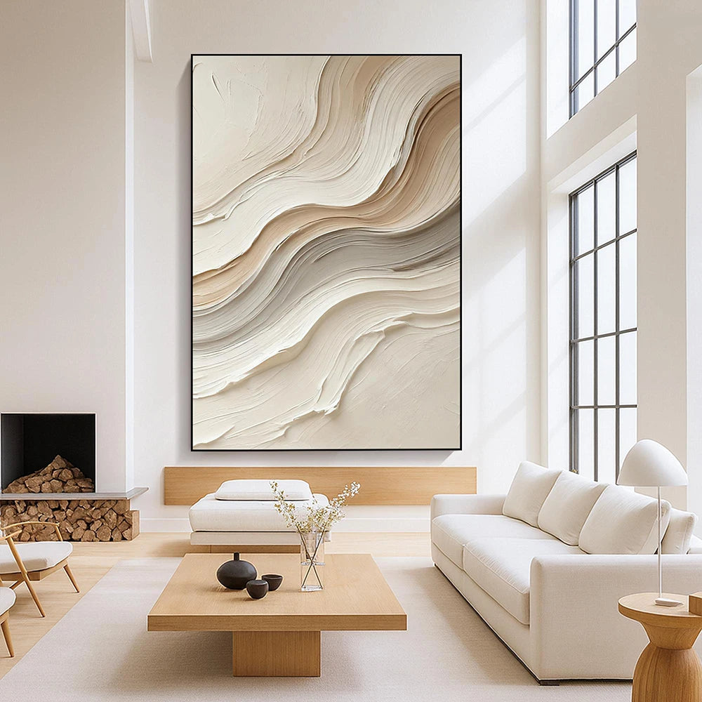 Neutral Abstract Painting on Canvas –  Beige Waves Wall Art , Minimalist Modern Decor for Living Room, No Framed