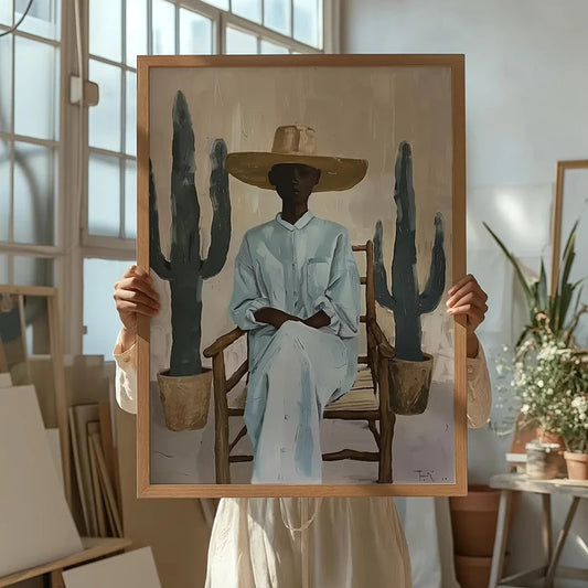 Minimalist Desert Wall Art Canvas Print, Southwestern Woman with Cactus Illustration Paintings Modern Boho Decor Poster Picture