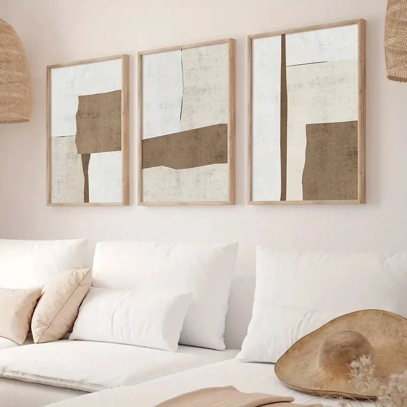 Wall Arts Canvas Poster 3 Pcs/Set Modern Brown Beige Abstract Mural, Minimalist Shape Poster, Living Room, Bedroom, Office Home