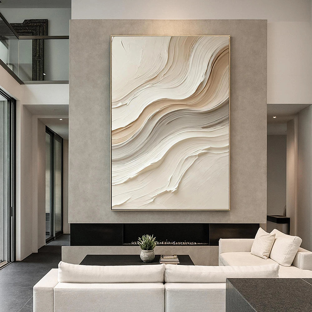 Neutral Abstract Painting on Canvas –  Beige Waves Wall Art , Minimalist Modern Decor for Living Room, No Framed