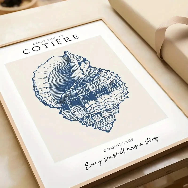 3pcs/Set Wall Art Retro Poster Blue Ocean-themed Art Printing, Cute Shell Canvas Living Room Decoration Bedroom Aesthetic Design