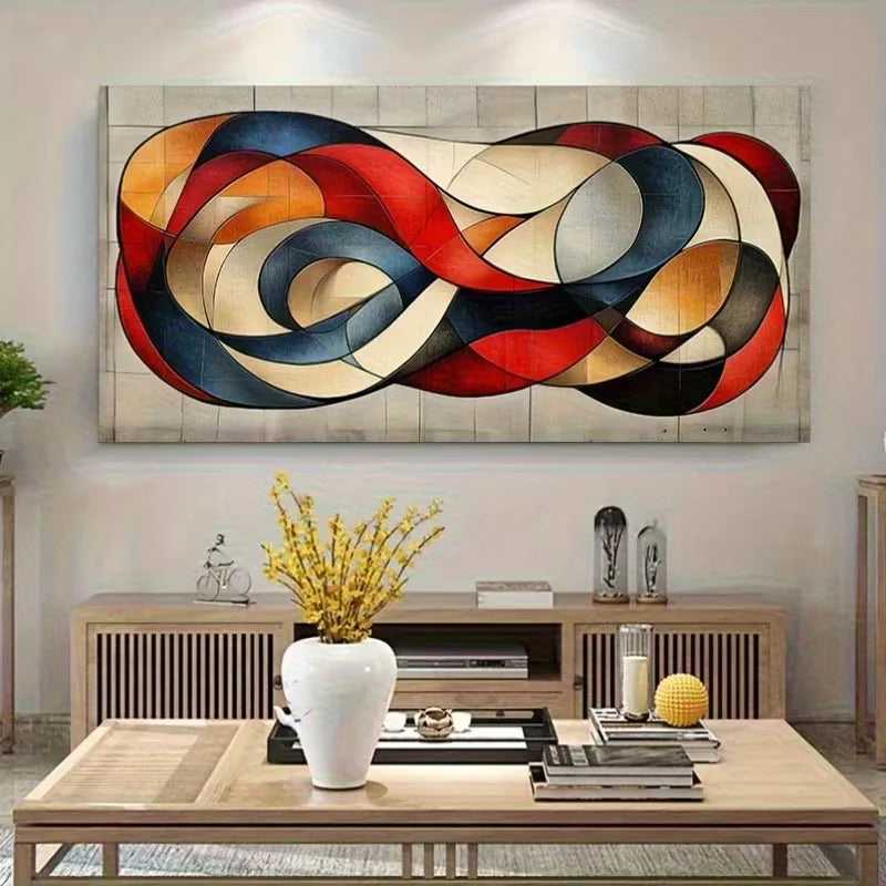 1pc Large Modern Abstract Geometric Wall Art - Blue Red Orange Beige Textured Canvas, Frameless Minimalist Horizontal/Vertical L