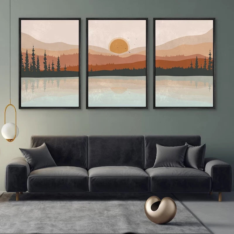 Wall Art Set of 3 Poster Sunset Forest Landscape Painting Abstract Illustrations Modern Art Minimalist Living Room Wall Decor