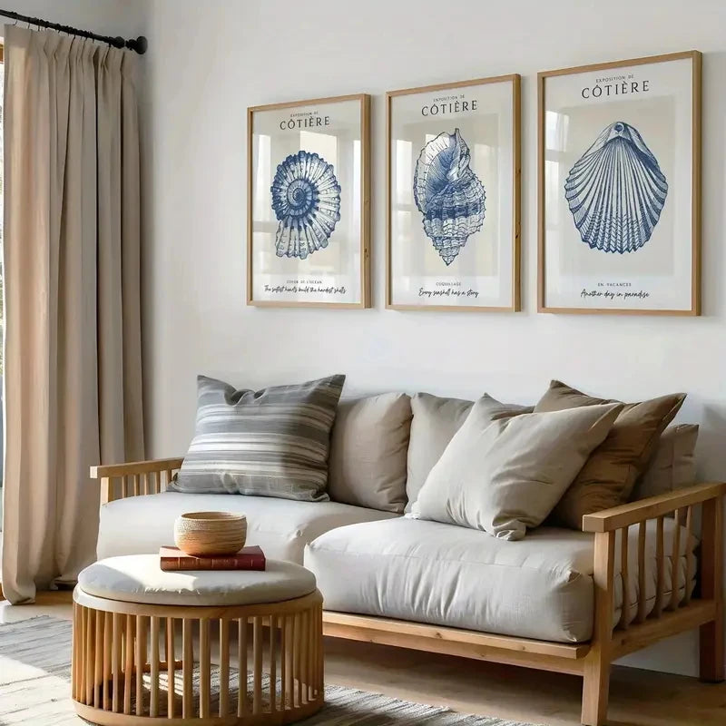3pcs/Set Wall Art Retro Poster Blue Ocean-themed Art Printing, Cute Shell Canvas Living Room Decoration Bedroom Aesthetic Design