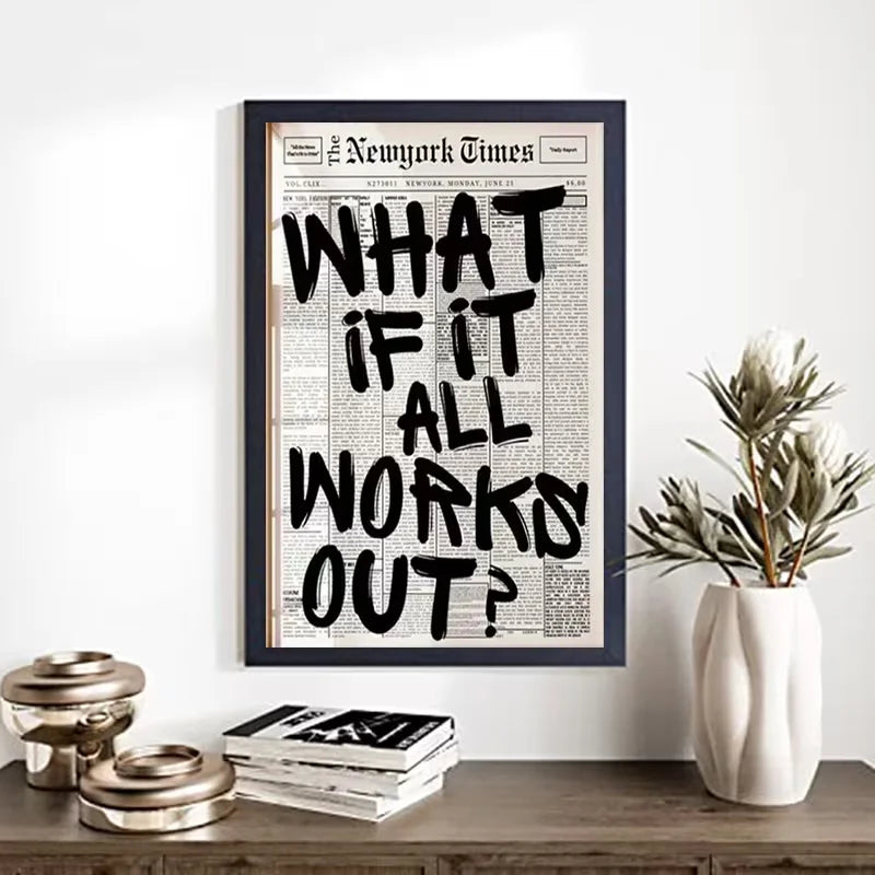 [2D Flat] Modern Minimalist Newspaper Wall Art - "What If It All Works Out?" | Black and White Inspirational Quote Poster, Frame