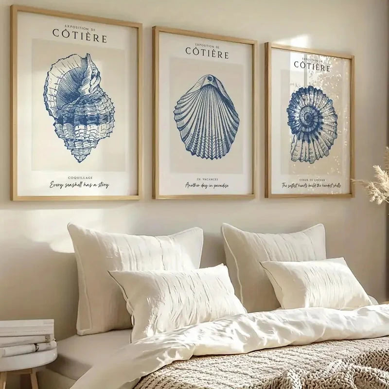 3pcs/Set Wall Art Retro Poster Blue Ocean-themed Art Printing, Cute Shell Canvas Living Room Decoration Bedroom Aesthetic Design