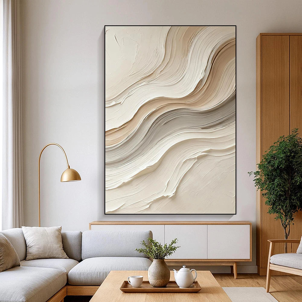 Neutral Abstract Painting on Canvas –  Beige Waves Wall Art , Minimalist Modern Decor for Living Room, No Framed