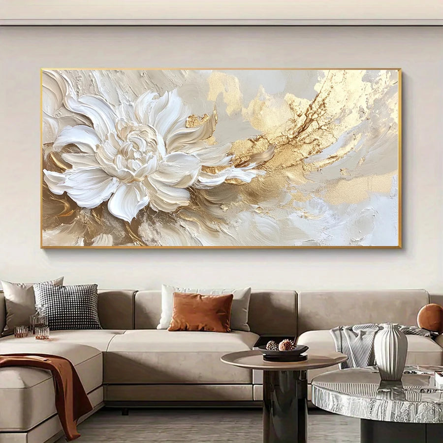Abstract Floral  Painting No Framed Modern Wall Art for Living Room or Bedroom Decor, Golden and White Textured Flower Design, R
