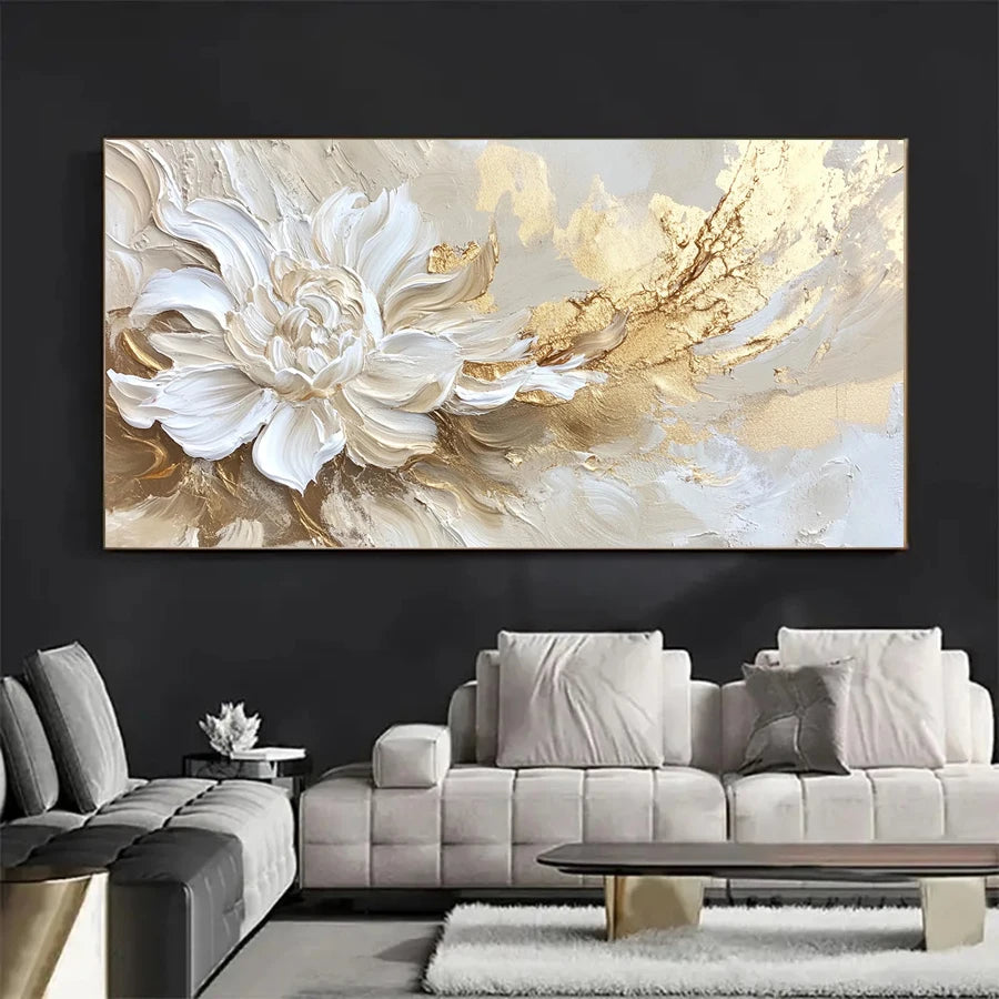 Abstract Floral  Painting No Framed Modern Wall Art for Living Room or Bedroom Decor, Golden and White Textured Flower Design, R