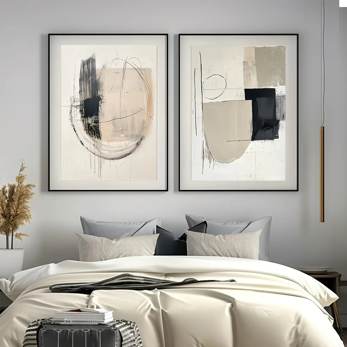 Set of 2 Minimalist Round Geometric Abstract Wall Art Poster Black and Beige Neutral Wall Posters Living Room Bedroom Decor Gift