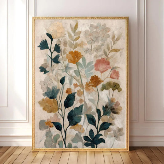 Vintage-style Floral Wall Art, Printable Earth-Toned Floral Patterns | Bohemian Pastoral Style Decoration, Canvas Material.