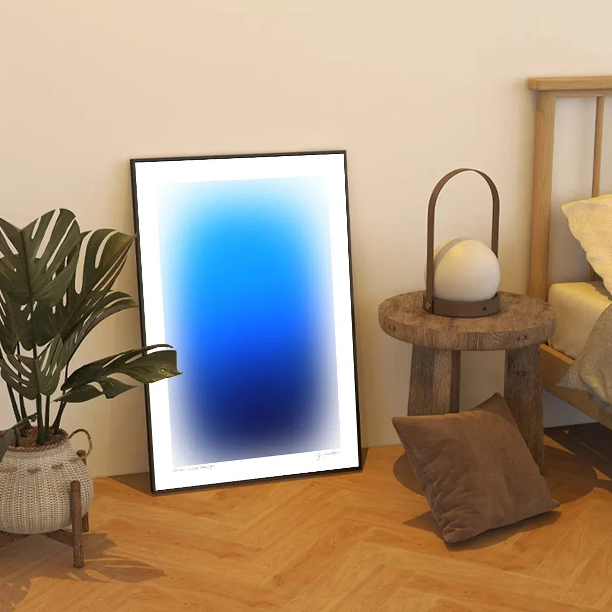 Modern minimalist style wall art gradient blue and orange line poster for artistic living room and bedroom decoration.