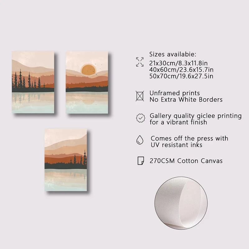 Wall Art Set of 3 Poster Sunset Forest Landscape Painting Abstract Illustrations Modern Art Minimalist Living Room Wall Decor
