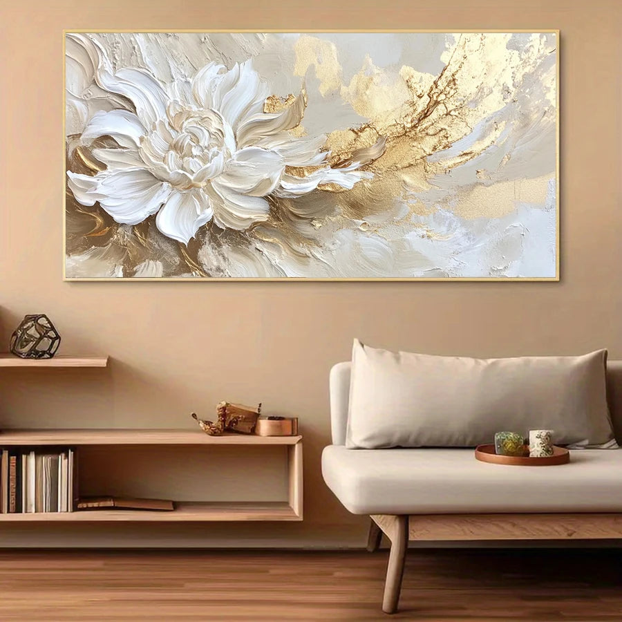 Abstract Floral  Painting No Framed Modern Wall Art for Living Room or Bedroom Decor, Golden and White Textured Flower Design, R
