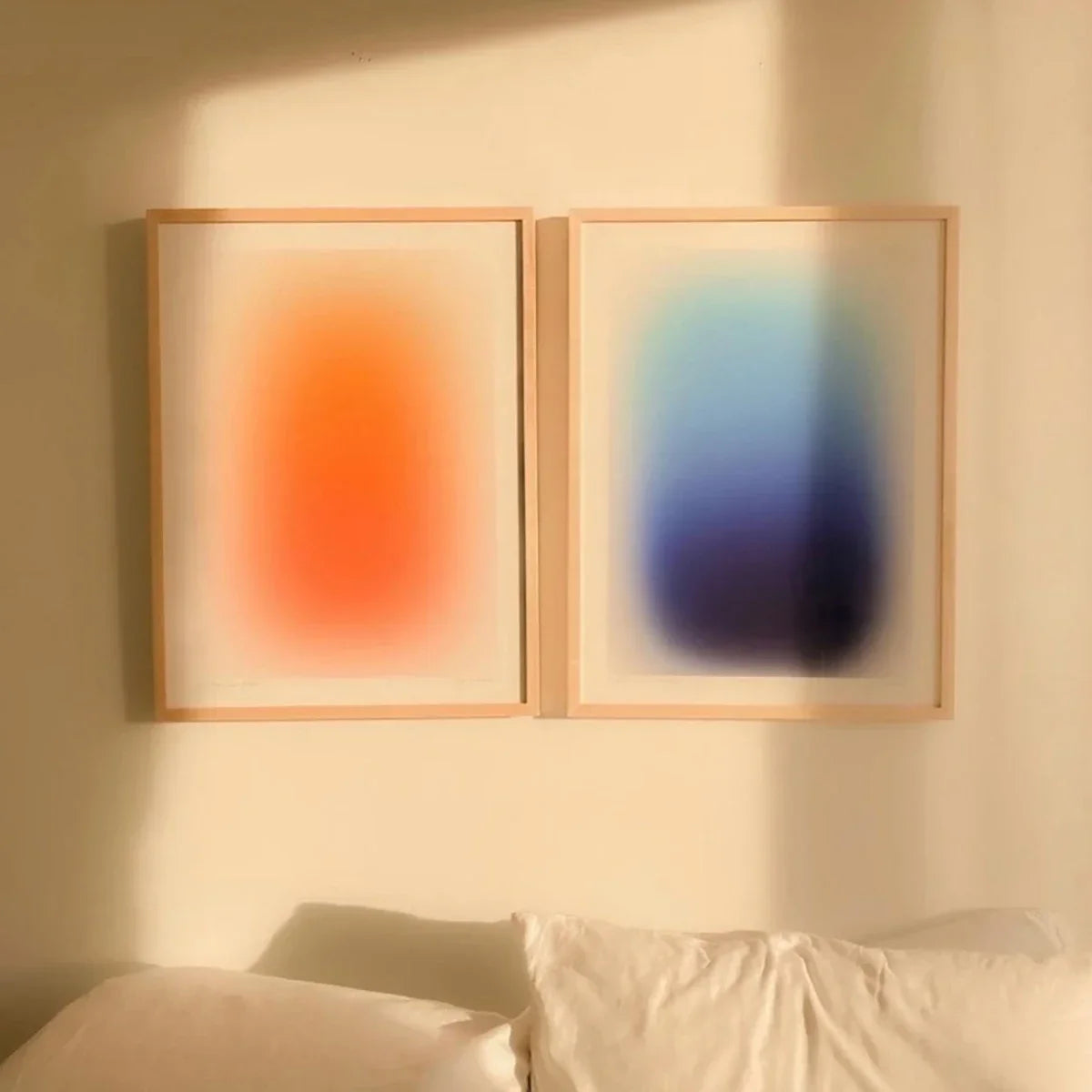 Modern minimalist style wall art gradient blue and orange line poster for artistic living room and bedroom decoration.