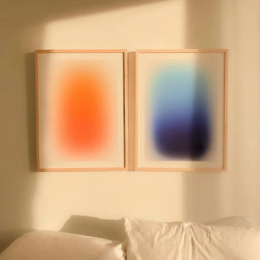 Modern minimalist style wall art gradient blue and orange line poster for artistic living room and bedroom decoration.