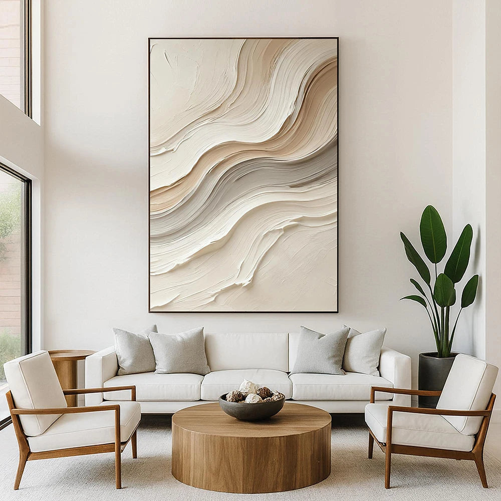 Neutral Abstract Painting on Canvas –  Beige Waves Wall Art , Minimalist Modern Decor for Living Room, No Framed