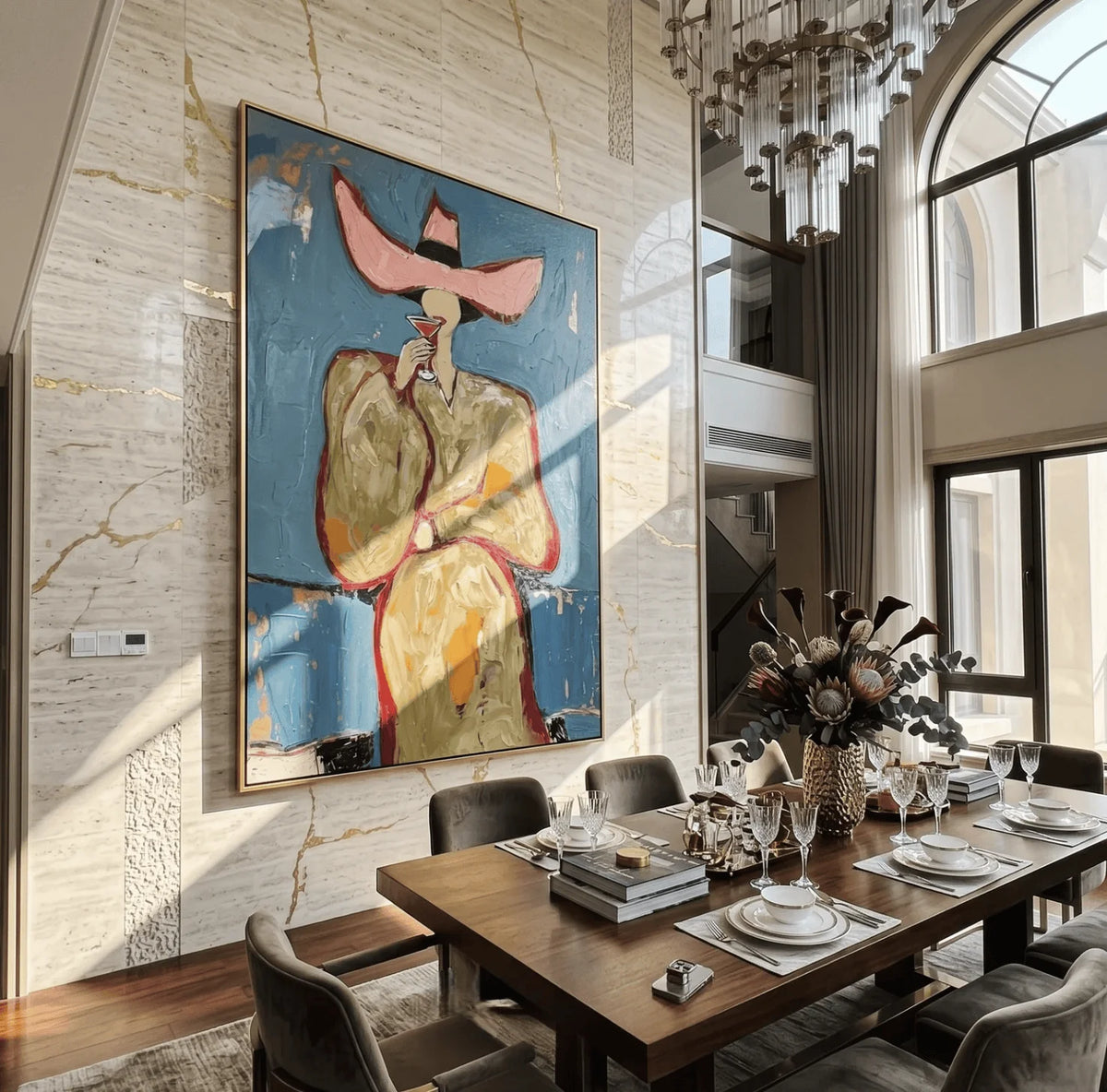 Wall Art Canvas Prints Posters Decor Textured Abstract Pink Hat Woman Wine Painting For Living Room Bedroom Bar Cafe Wall Decor