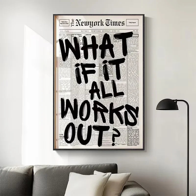 [2D Flat] Modern Minimalist Newspaper Wall Art - "What If It All Works Out?" | Black and White Inspirational Quote Poster, Frame