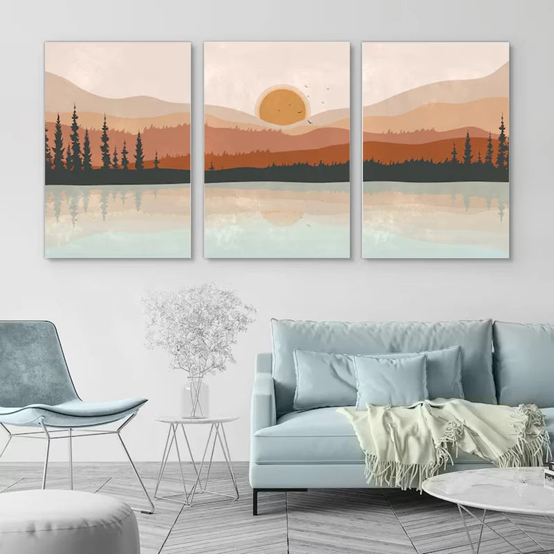 Wall Art Set of 3 Poster Sunset Forest Landscape Painting Abstract Illustrations Modern Art Minimalist Living Room Wall Decor