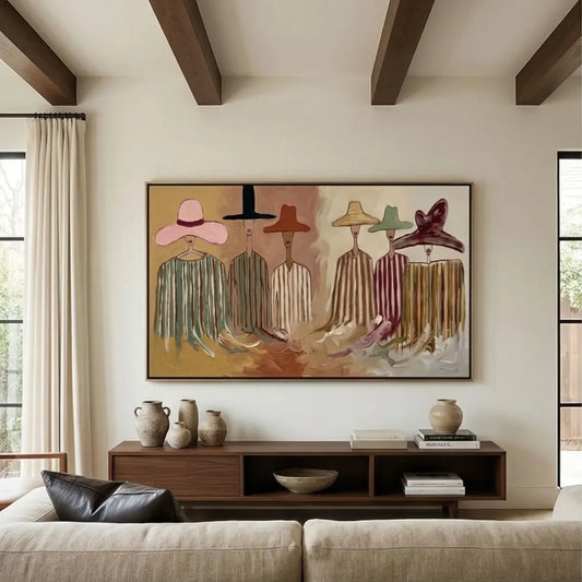 Western Hat Wall Art, Figurative Oil Painting, Colorful Group Portrait Canvas, Folk Modern Artwork, Eclectic Statement Decor