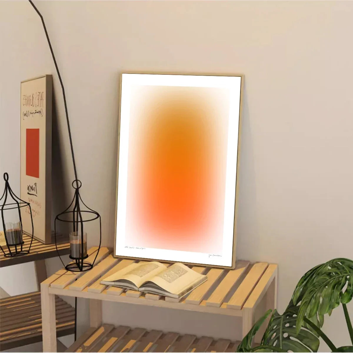 Modern minimalist style wall art gradient blue and orange line poster for artistic living room and bedroom decoration.