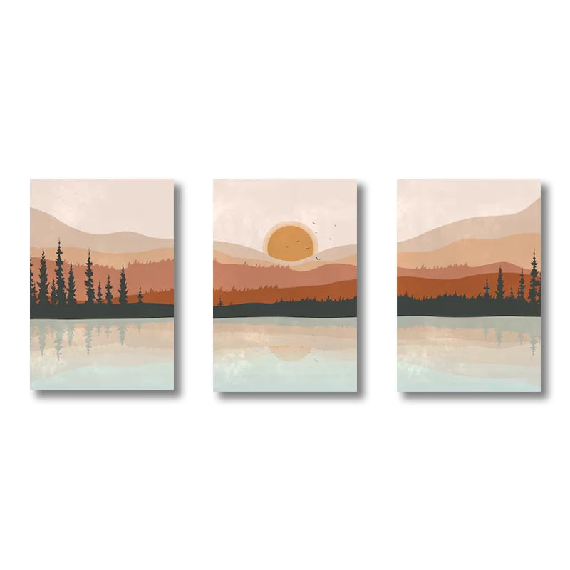 Wall Art Set of 3 Poster Sunset Forest Landscape Painting Abstract Illustrations Modern Art Minimalist Living Room Wall Decor