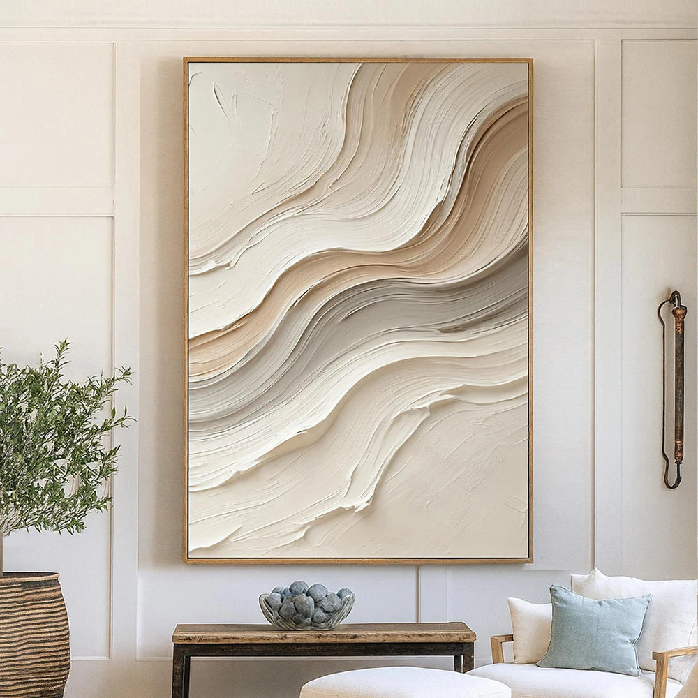 Neutral Abstract Painting on Canvas –  Beige Waves Wall Art , Minimalist Modern Decor for Living Room, No Framed