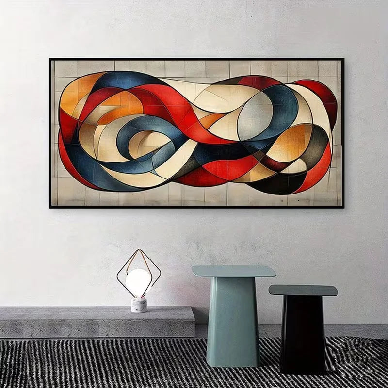 1pc Large Modern Abstract Geometric Wall Art - Blue Red Orange Beige Textured Canvas, Frameless Minimalist Horizontal/Vertical L